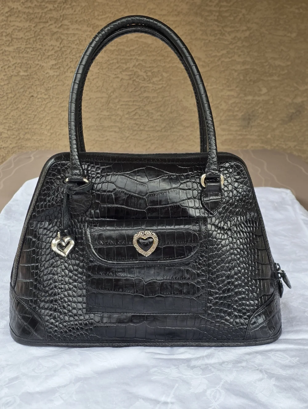 Vintage Brighton Black Leather Croc Pattern with Floral Lining w/ Inner Pockets